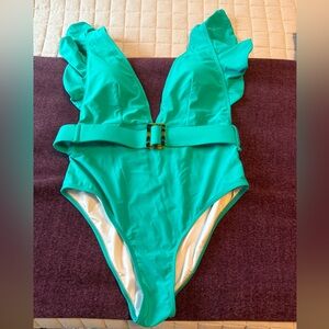 Avanova Teal Ruffle Deep V One Piece swimsuit Large bathing suit